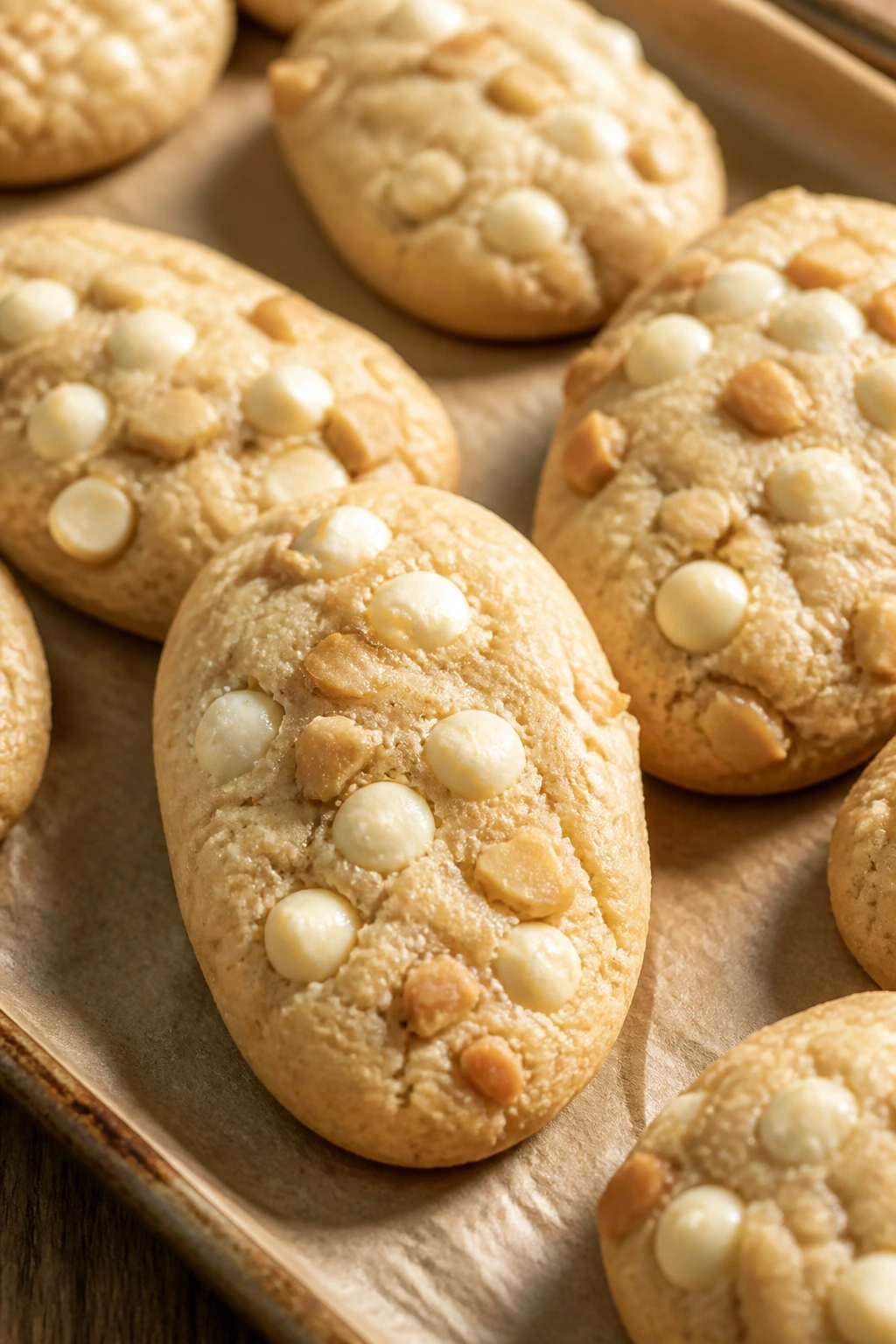 Close-up of White Chocolate Macadamia Egg Cookies with chips and nuts