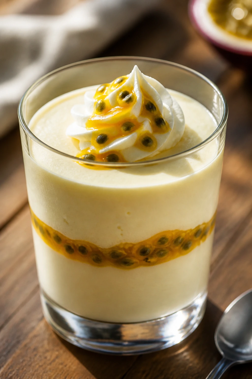 Mousse in a glass with passion fruit pulp and seeds