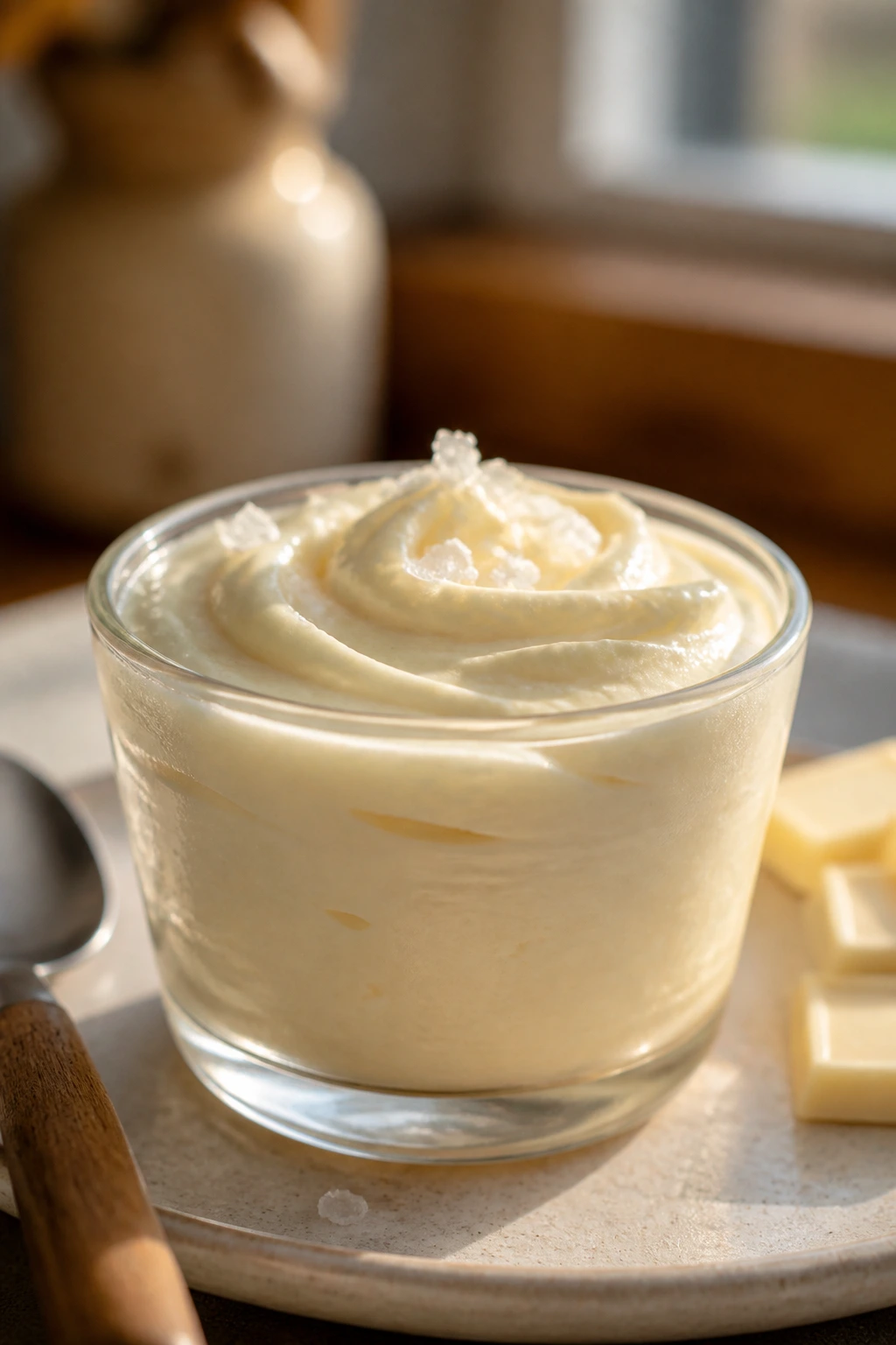 Close-up of glossy white chocolate mousse in a dessert cup with a salt sprinkle