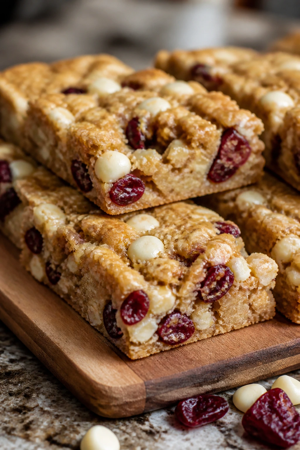 White chocolate cranberry oat bars on a wooden board
