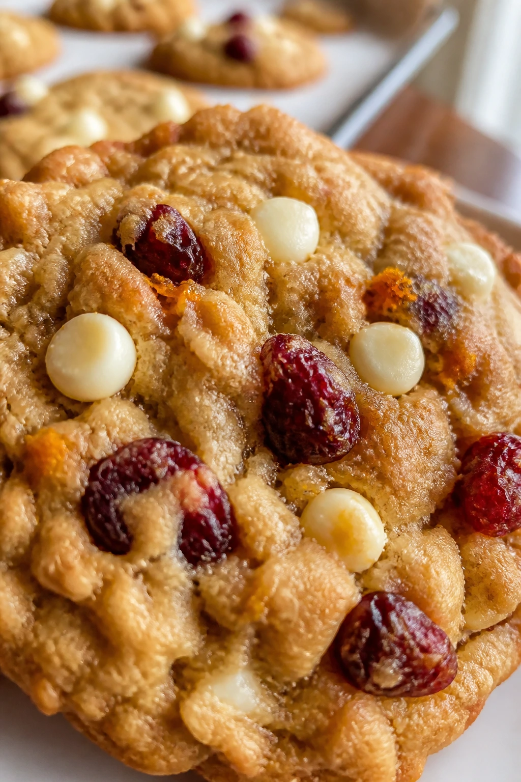 Close-up of white chocolate cranberry oat cookie with oats and cranberries