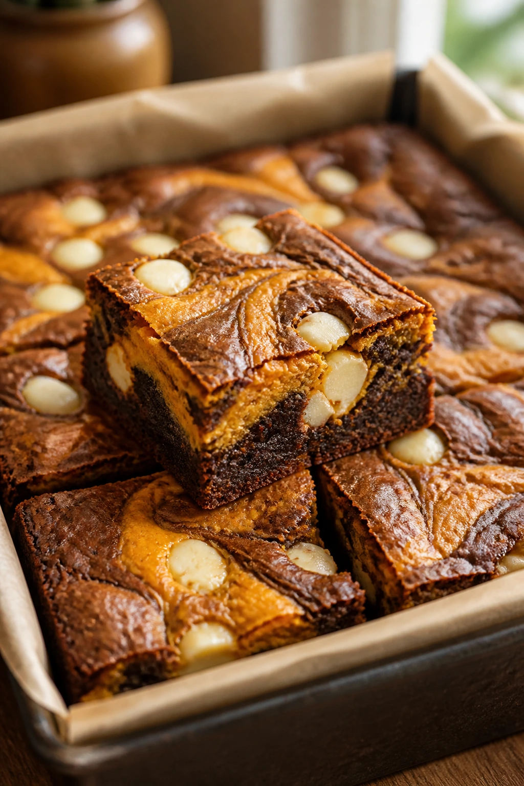 White chocolate pumpkin swirl brownie with chips and creamy swirl