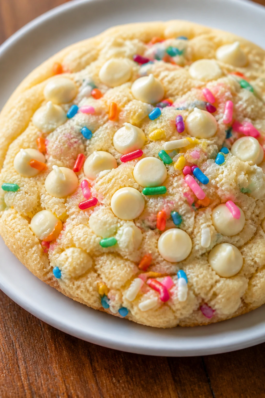 Close-up of white chocolate rainbow cookie with chips and sprinkles