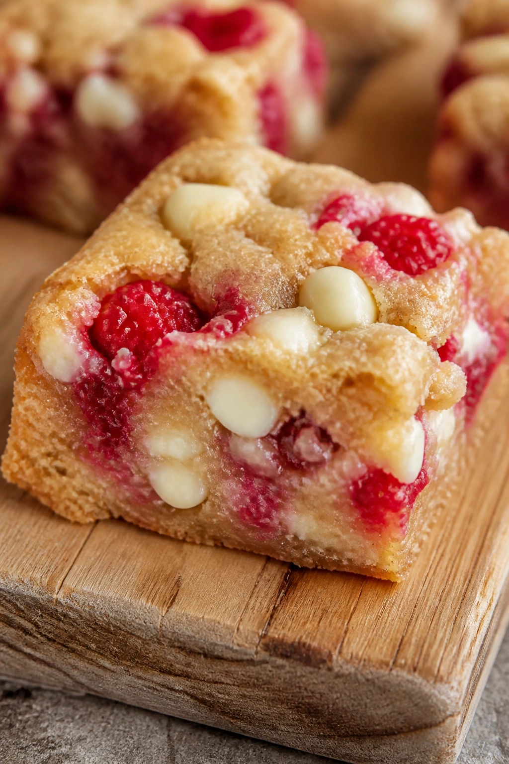 Close-up of white chocolate raspberry blondies on a wooden board