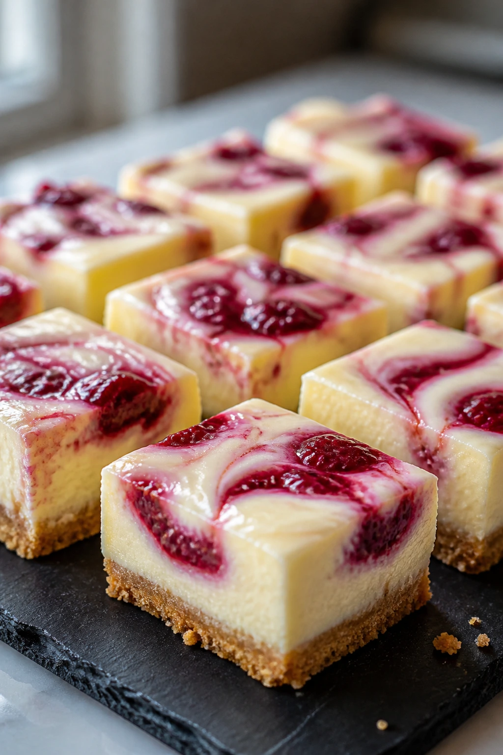 Close-up of white chocolate raspberry cheesecake bars with raspberry swirl on a dark slate board