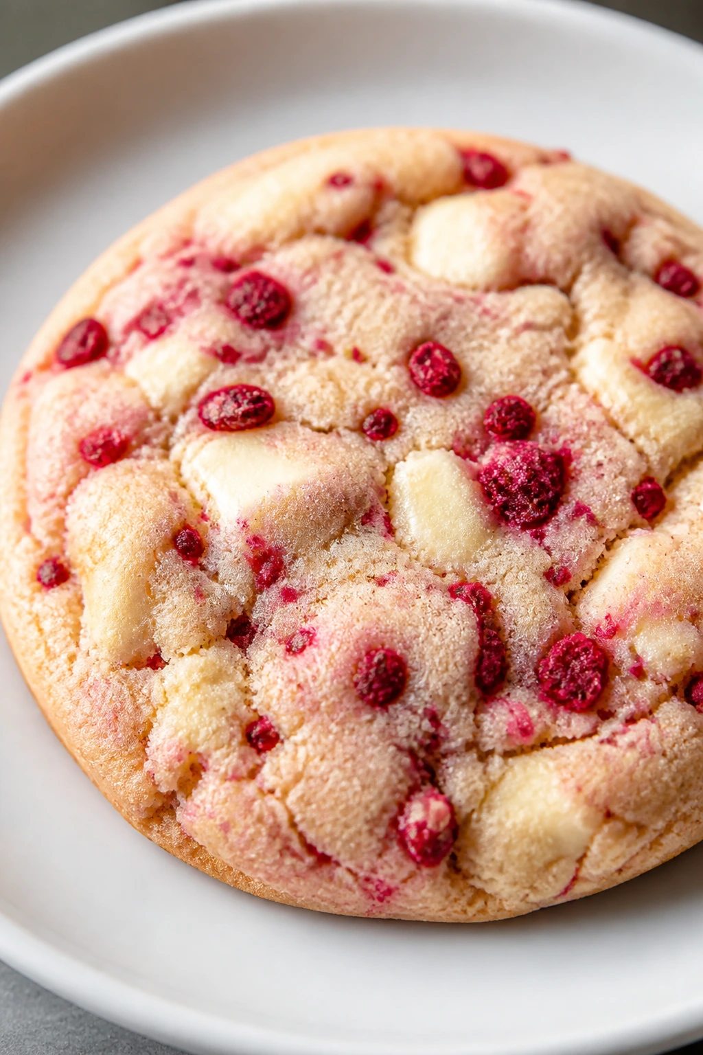 Close-up of white chocolate raspberry cookie with pink raspberry specks