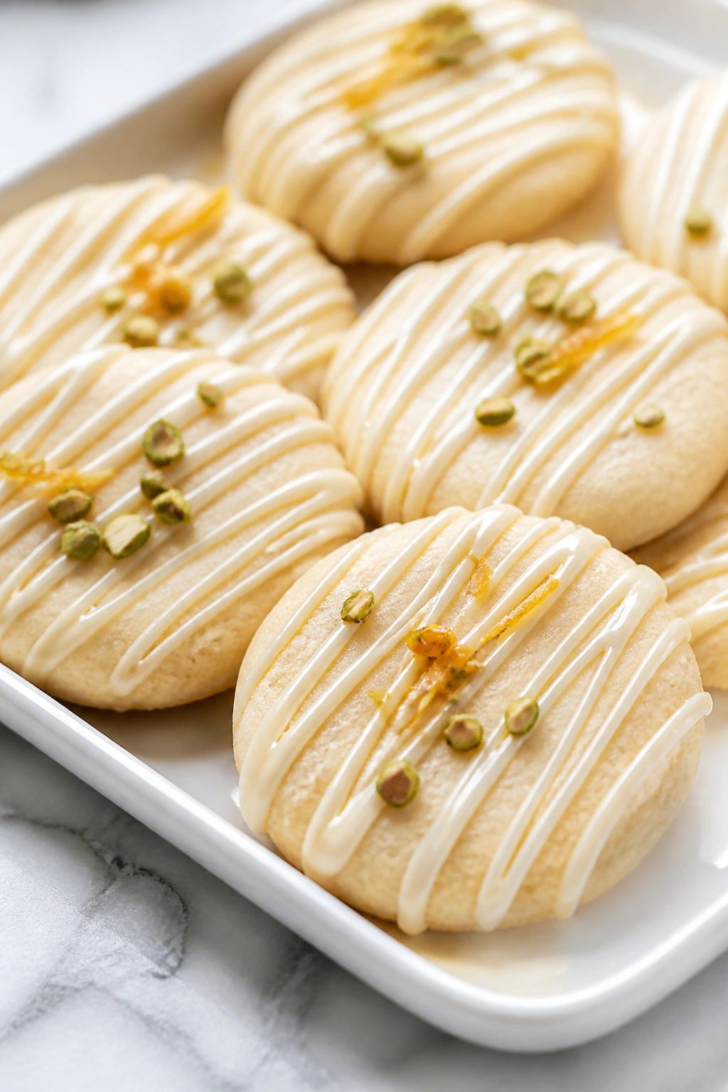 Close-up of pale cookies with white chocolate ribbons on a white platter