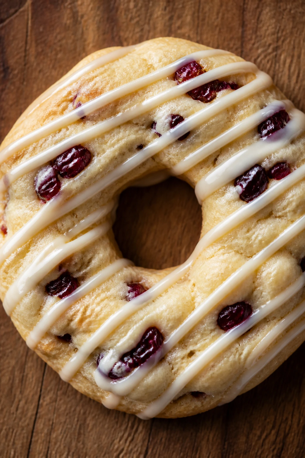 Top-down view of a white chocolate cranberry wreath cookie on a wooden board