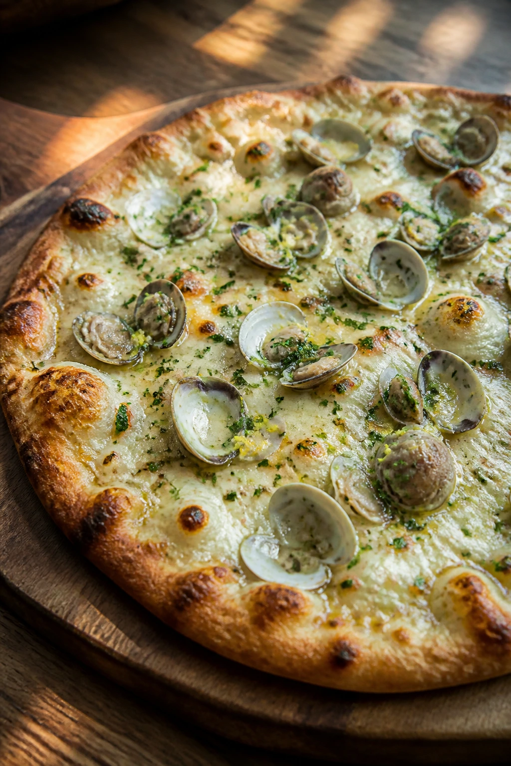 Close-up of White Clam Pizza with briny clams and parsley on a wooden board