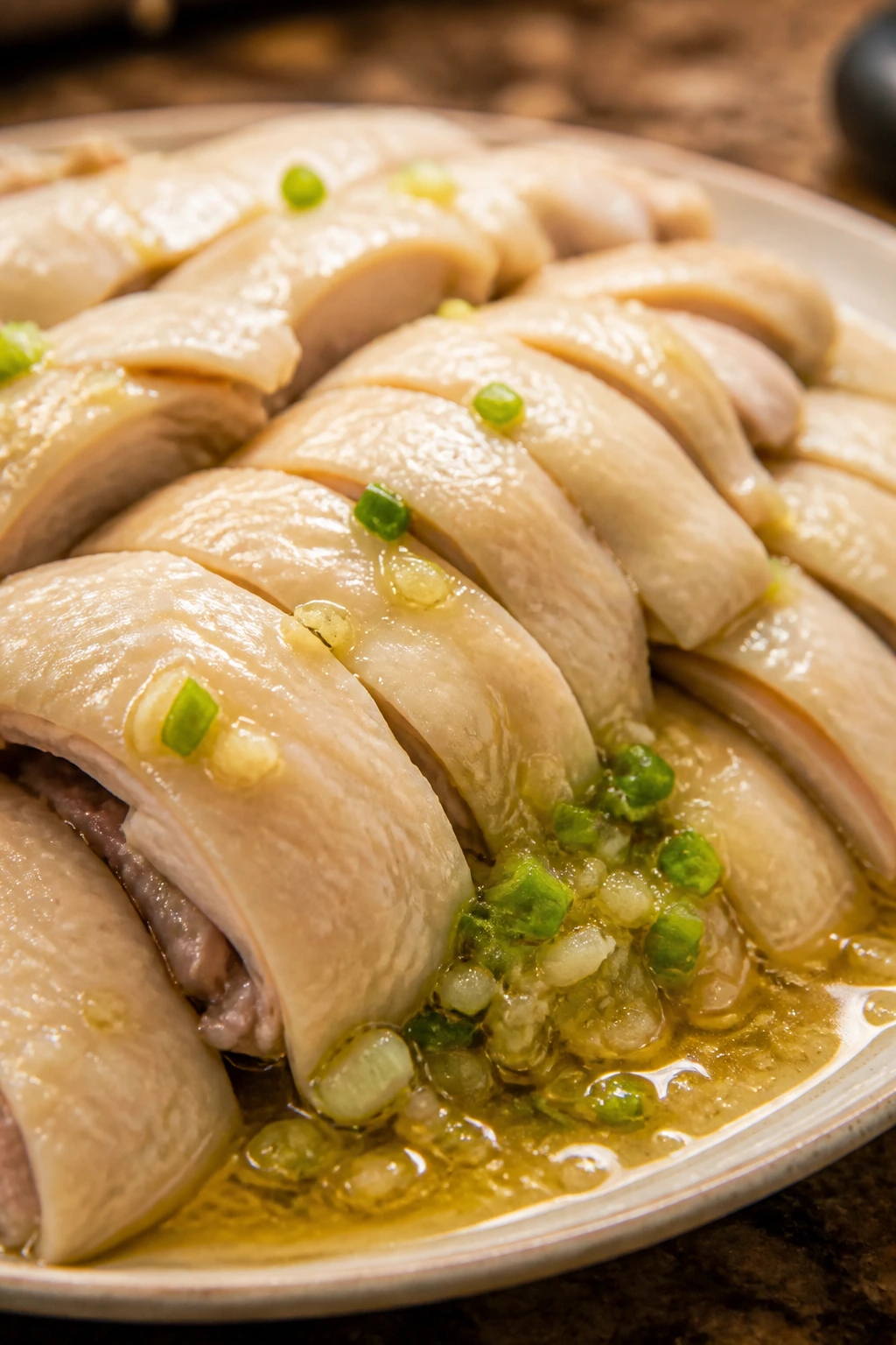 White cut chicken slices with scallion-ginger dip on plate