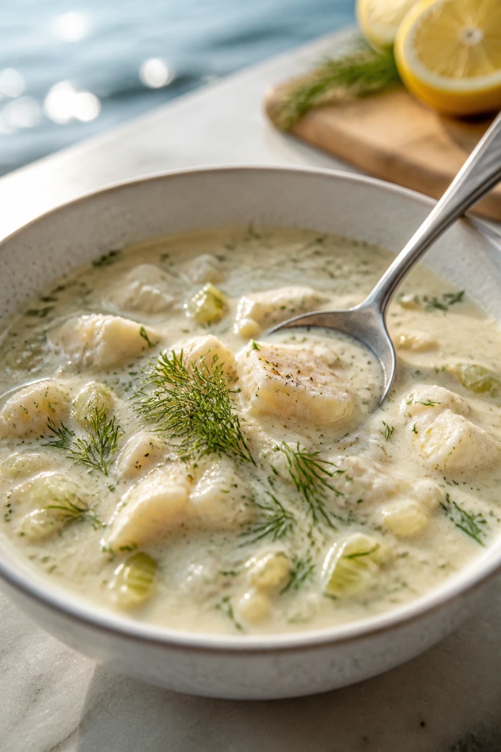 Close-up of White Fish and Dill Chowder in a bowl