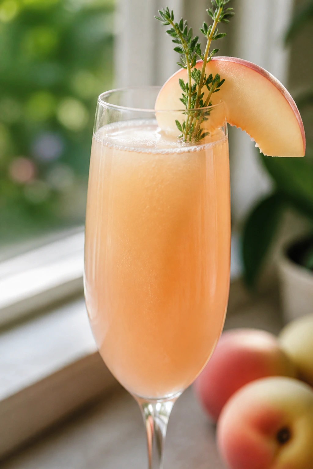 Close-up of White Peach Thyme Mimosa with peach slice and thyme garnish on a soft-lit kitchen counter