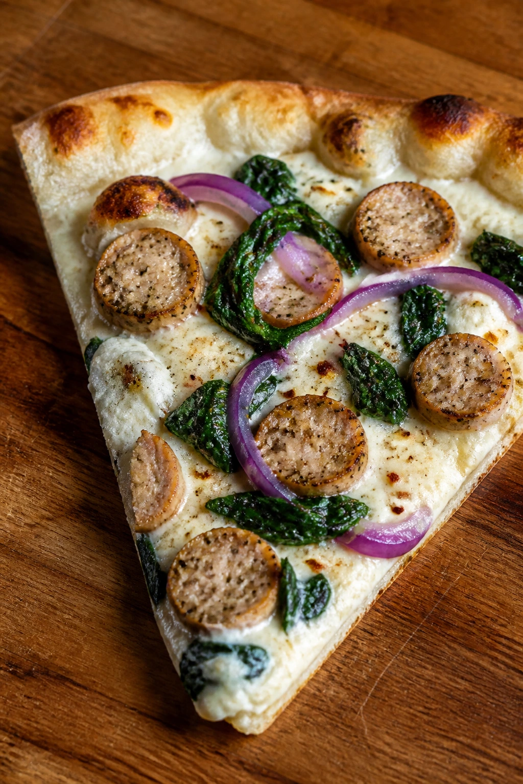Slice of white pizza with chicken sausage and cottage cheese sauce