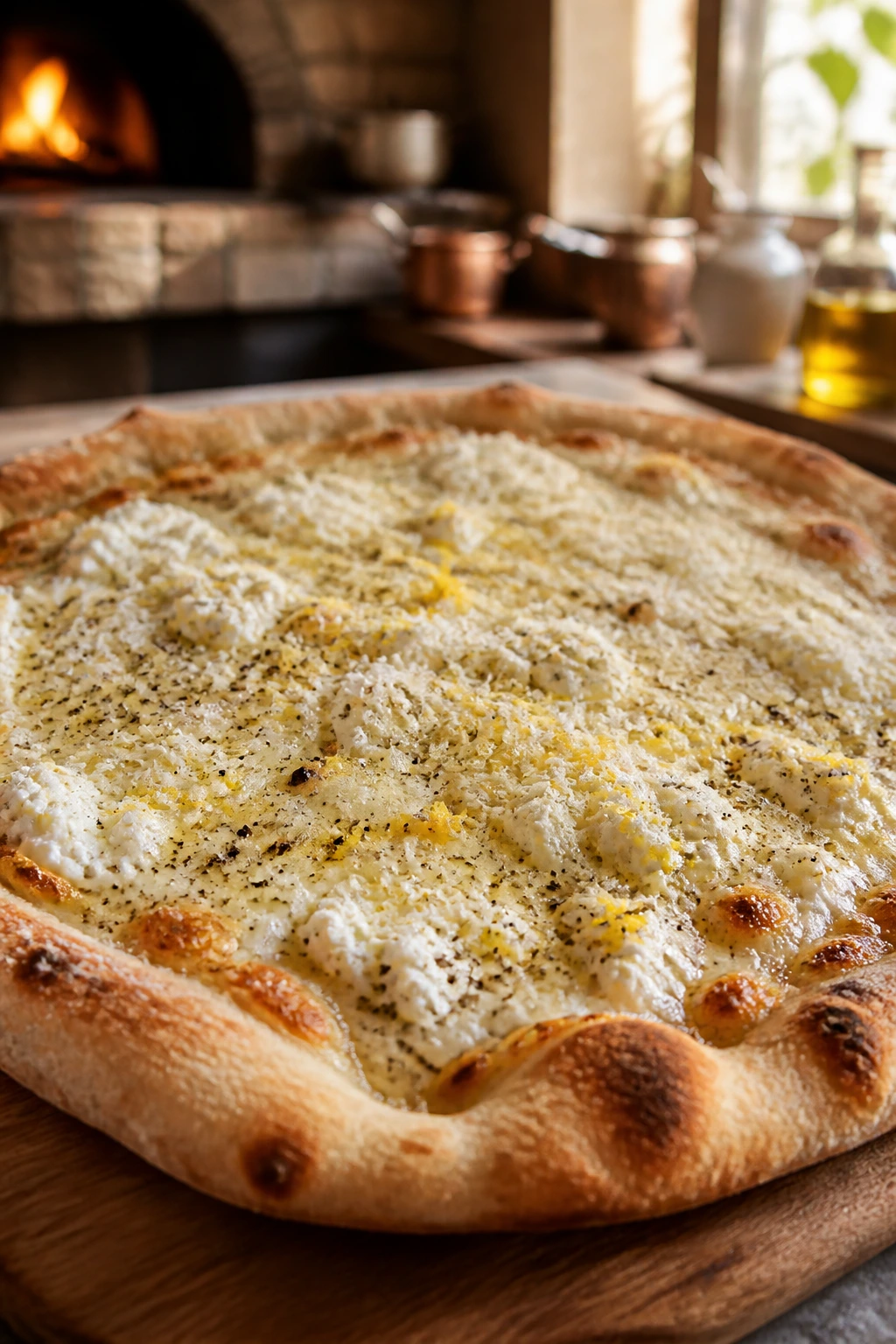 White pizza with ricotta, Pecorino, pepper and lemon zest on a wooden board
