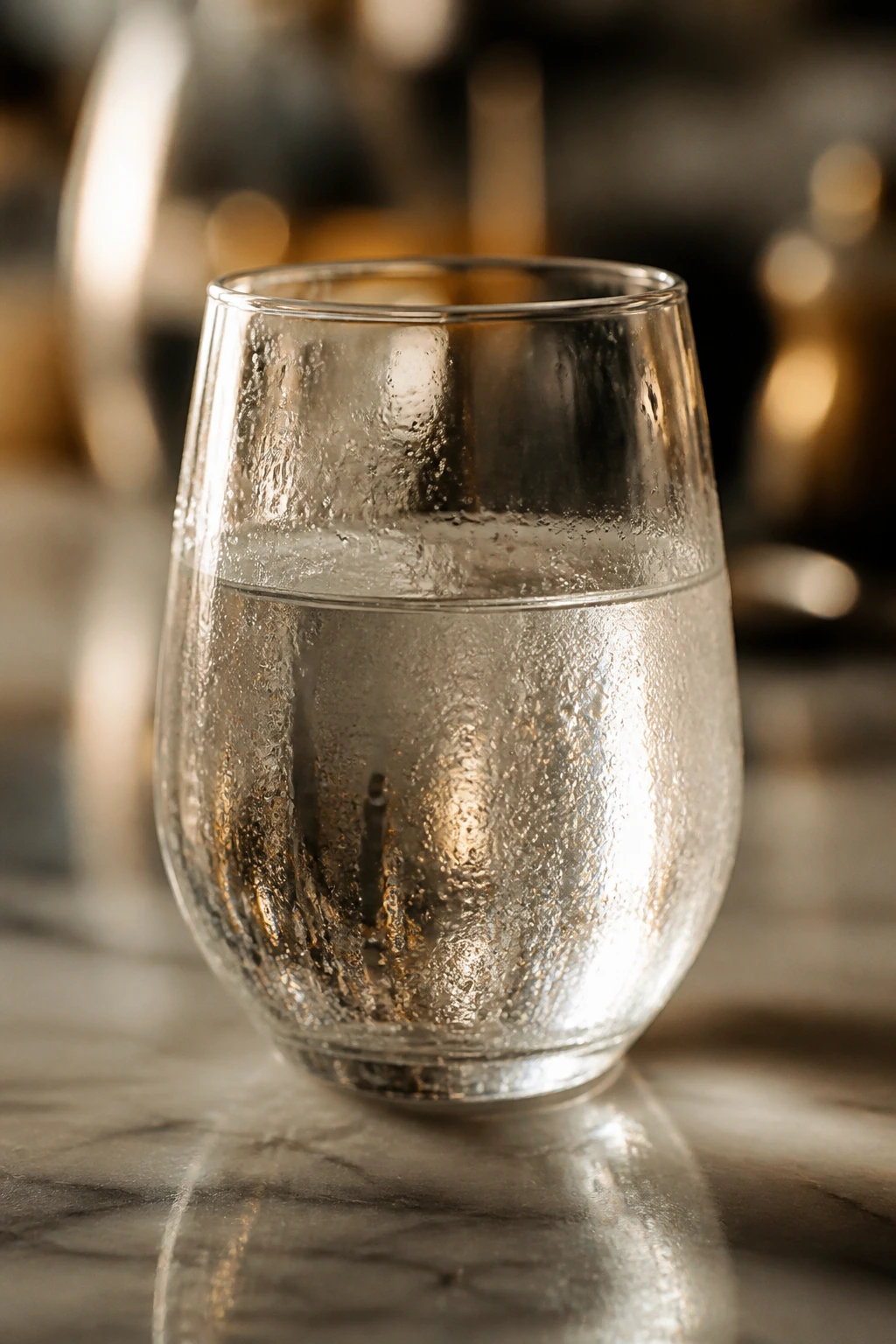 Close-up of a glass of white rum on a bar counter with condensation