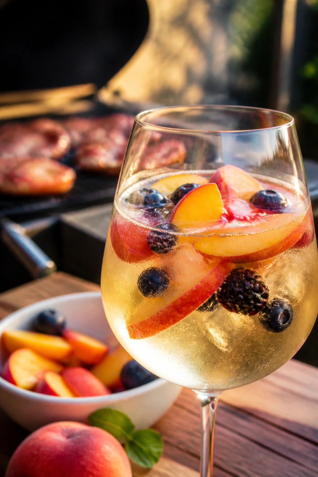 Glass of white sangria with stone fruit on a sunny patio
