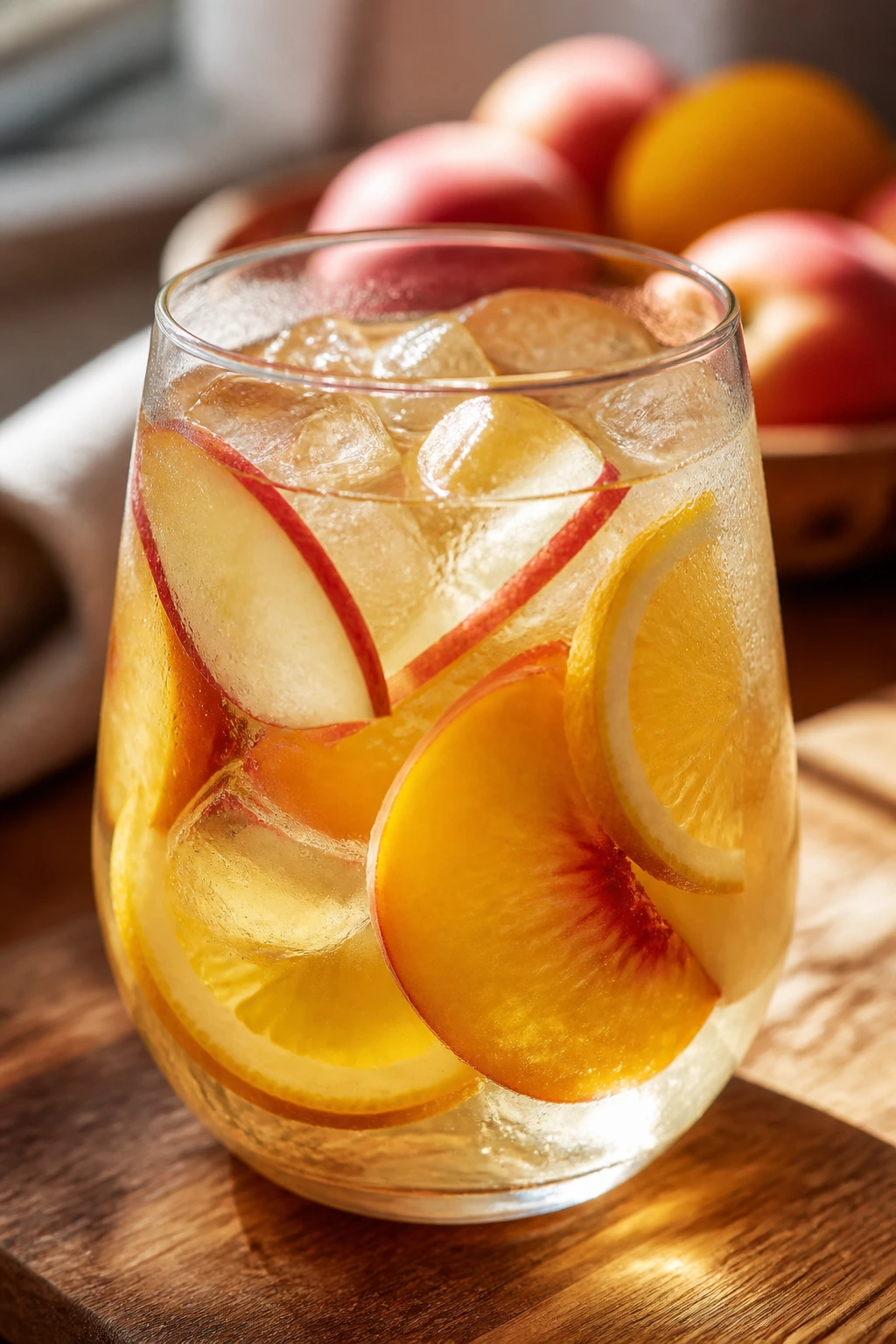 Glass of white wine sangria with fruit slices in a sunlit kitchen