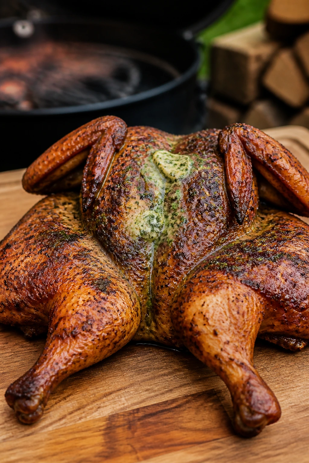 Bronzed whole smoked chicken with herbs under the skin