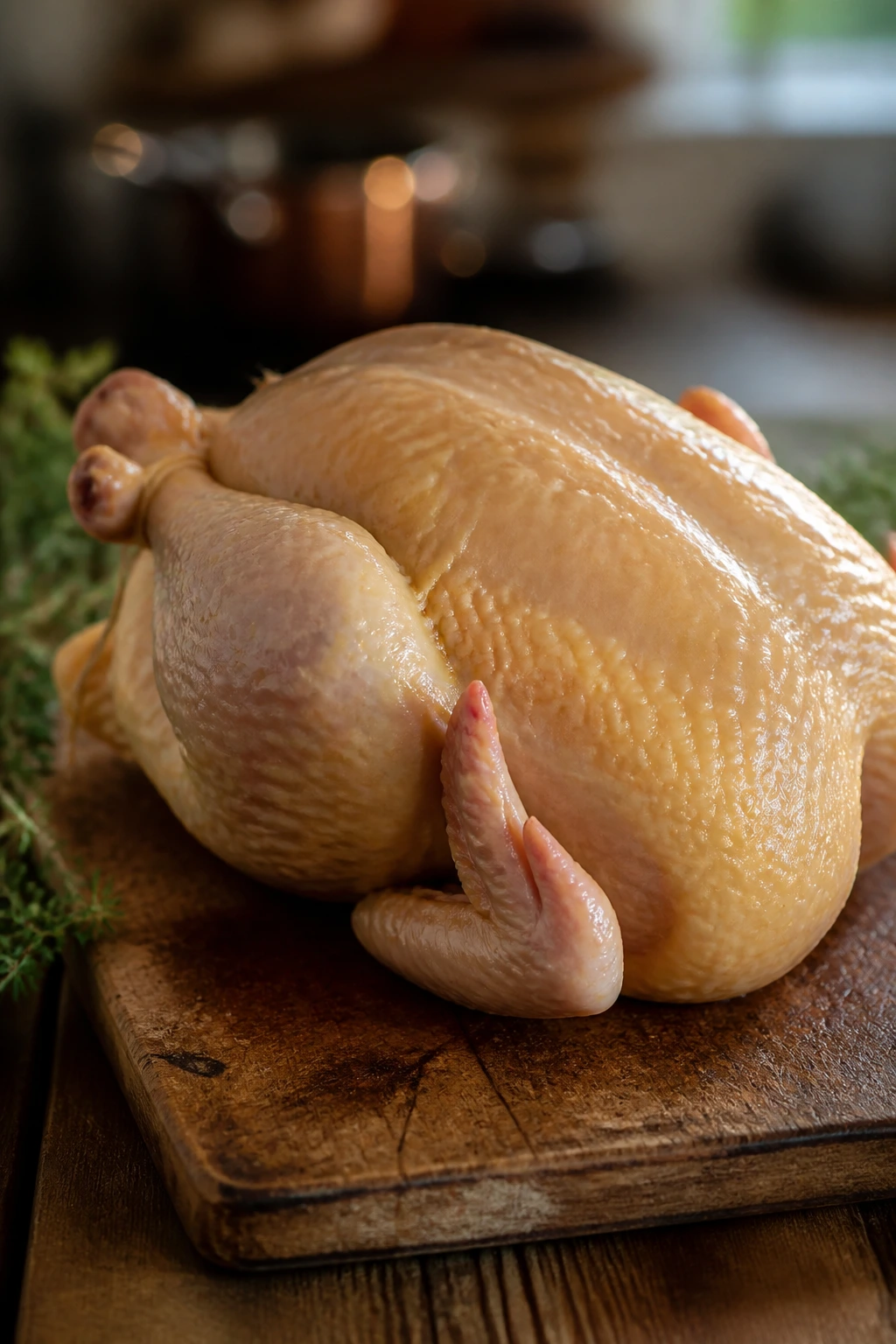 Plump whole chicken on a wooden board in a cozy kitchen