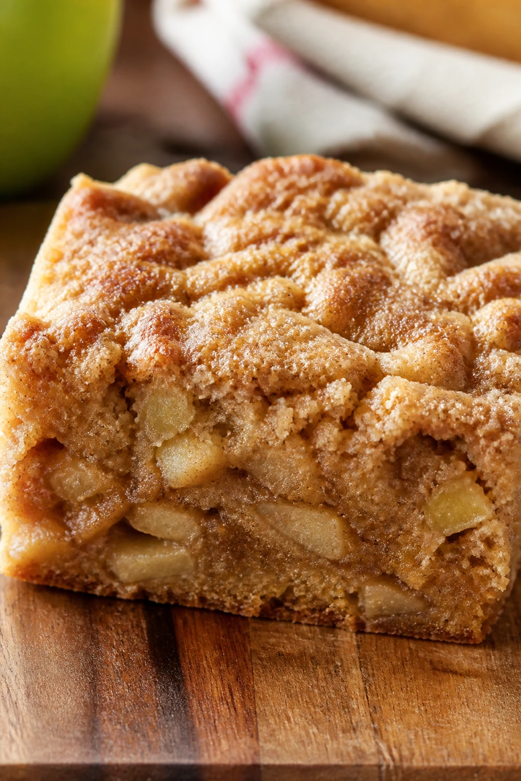 Close-up of a whole wheat apple snack bar square on wood with cinnamon crumbs