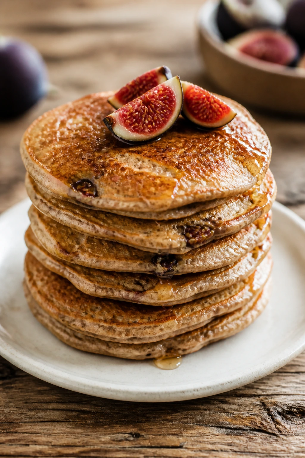 Close-up of a tall stack of whole-wheat fig pancakes on a plate.