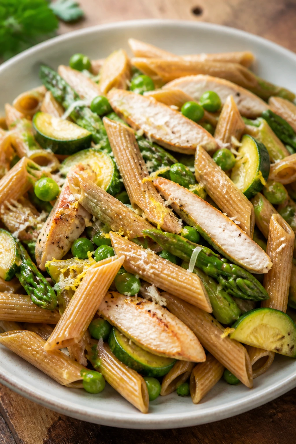 Close-up of whole-wheat pasta primavera with chicken and peas