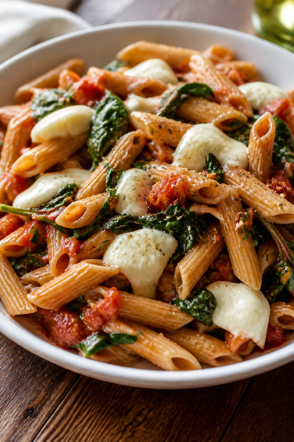 Close-up of whole-wheat pasta with tomato, spinach, and mozzarella