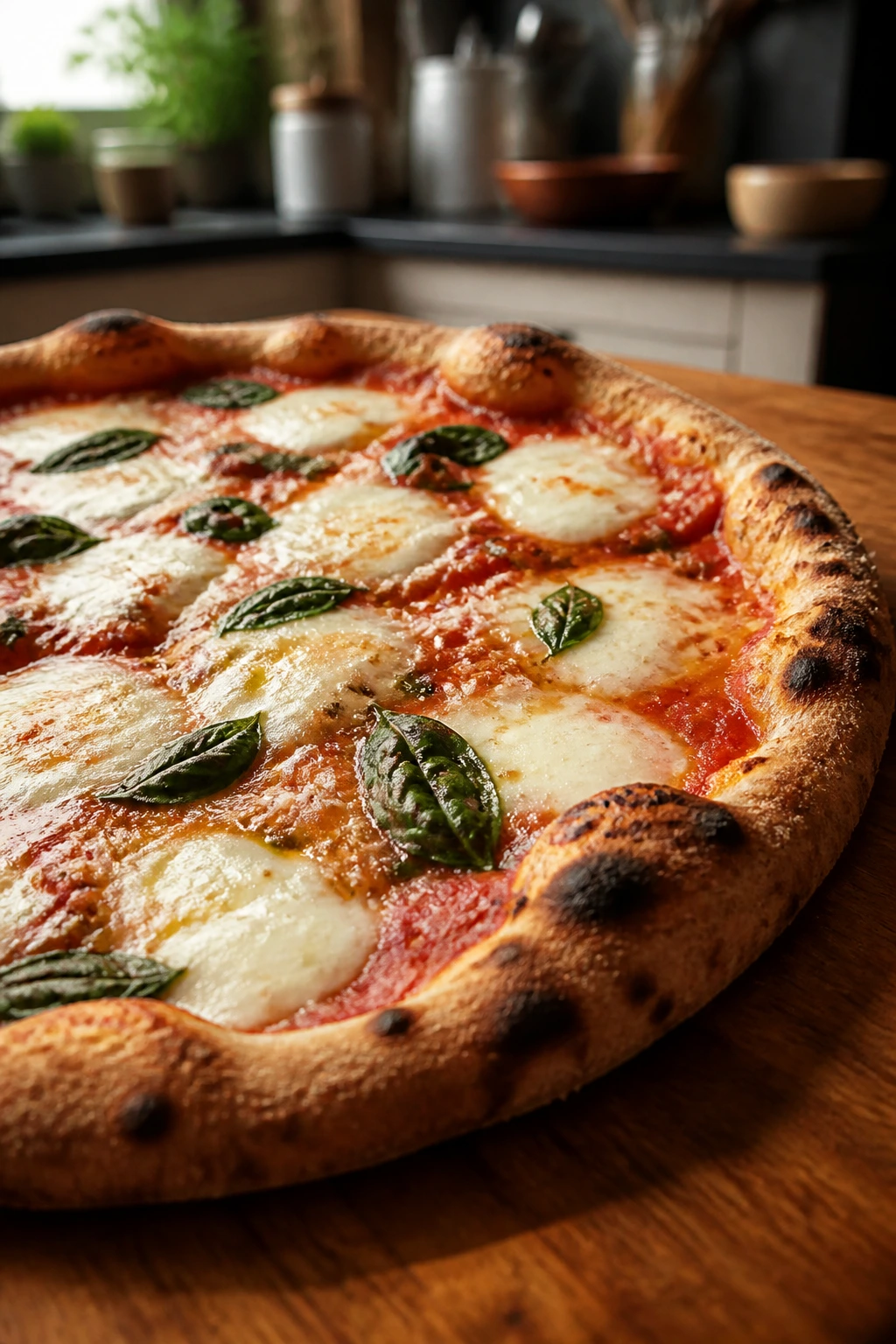 Close-up of a rustic whole wheat pizza with nutty crust on wooden board
