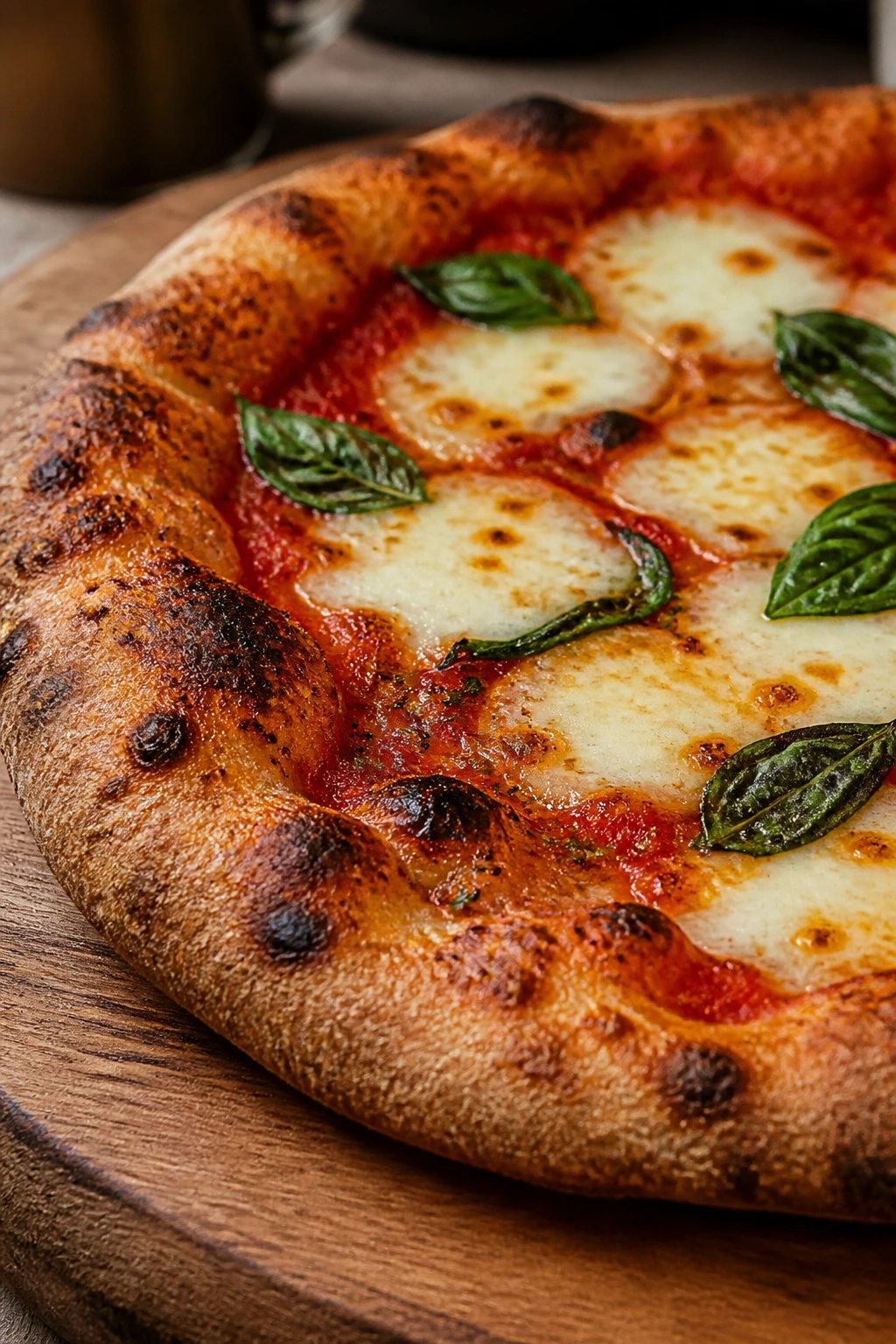 Close-up of a rustic whole wheat pizza with blistered crust