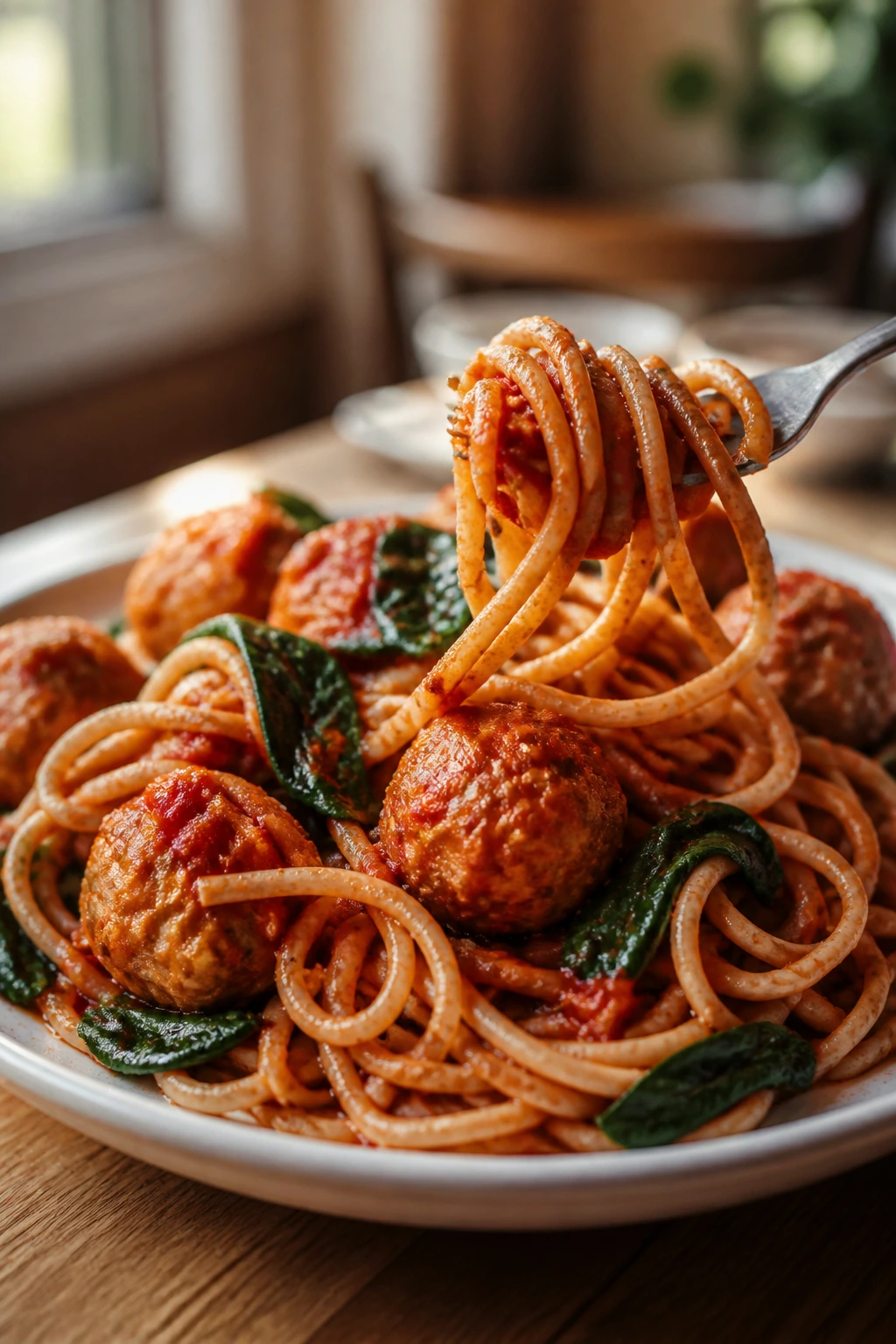 Spaghetti with turkey meatballs and spinach on a plate