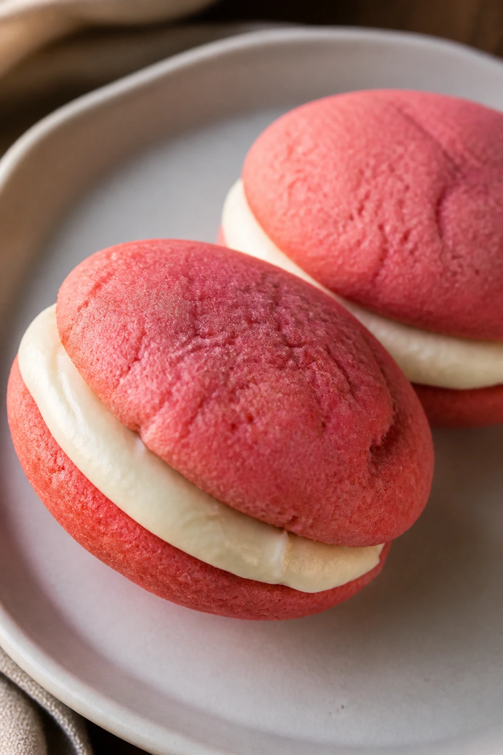Close-up of pink velvet whoopie pies with cream cheese filling