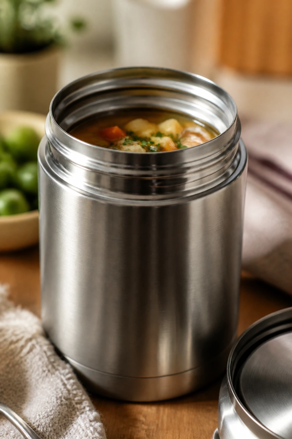 Close-up of a wide-mouth insulated thermos in a kitchen