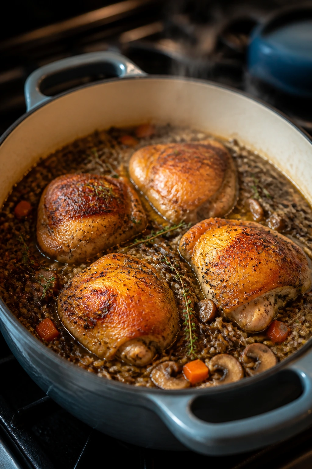 Dutch oven with chicken atop wild rice and glossy broth, steam in a warm kitchen