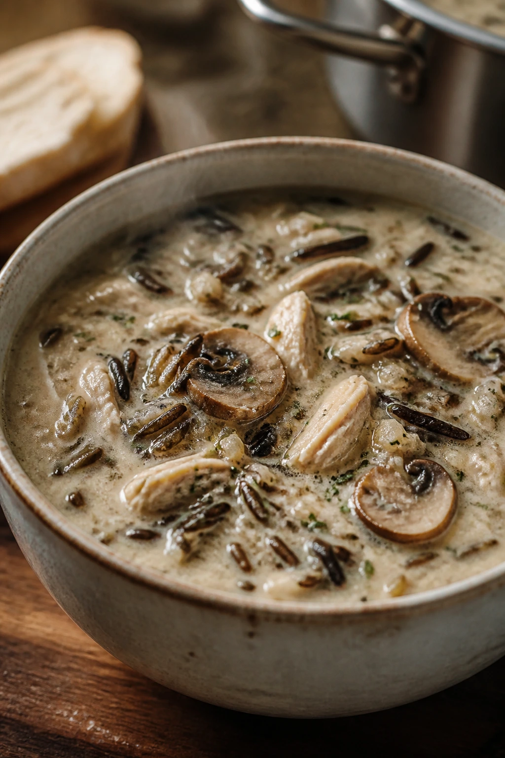 Creamy wild rice and chicken soup in a bowl with mushrooms