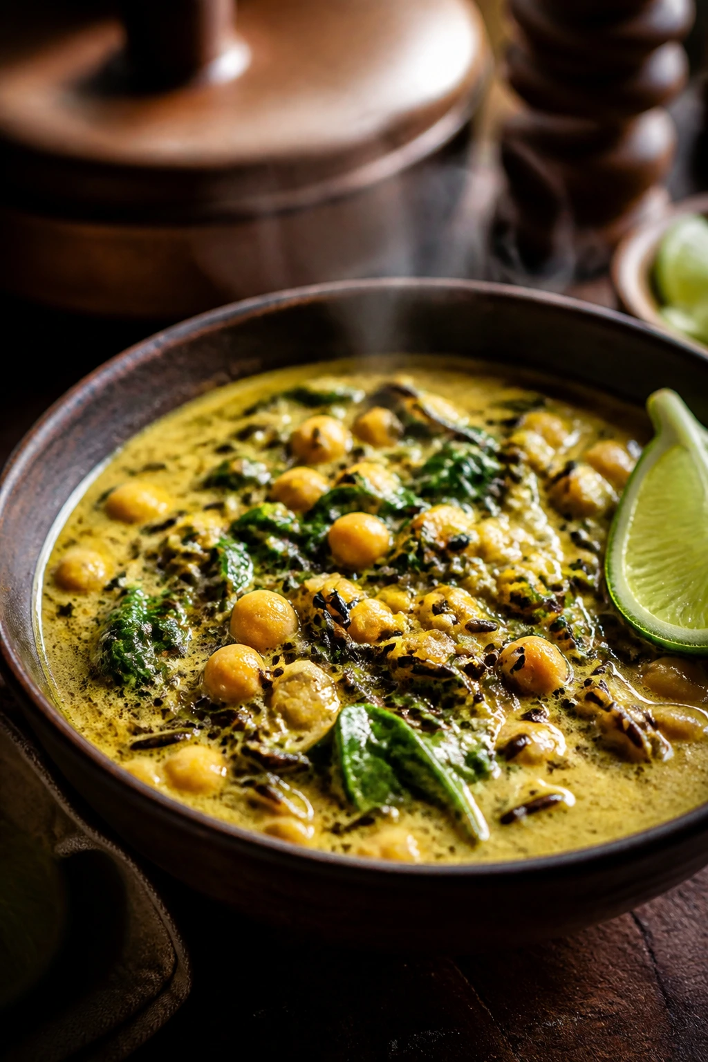 Close-up of curried coconut wild rice soup with chickpeas and spinach
