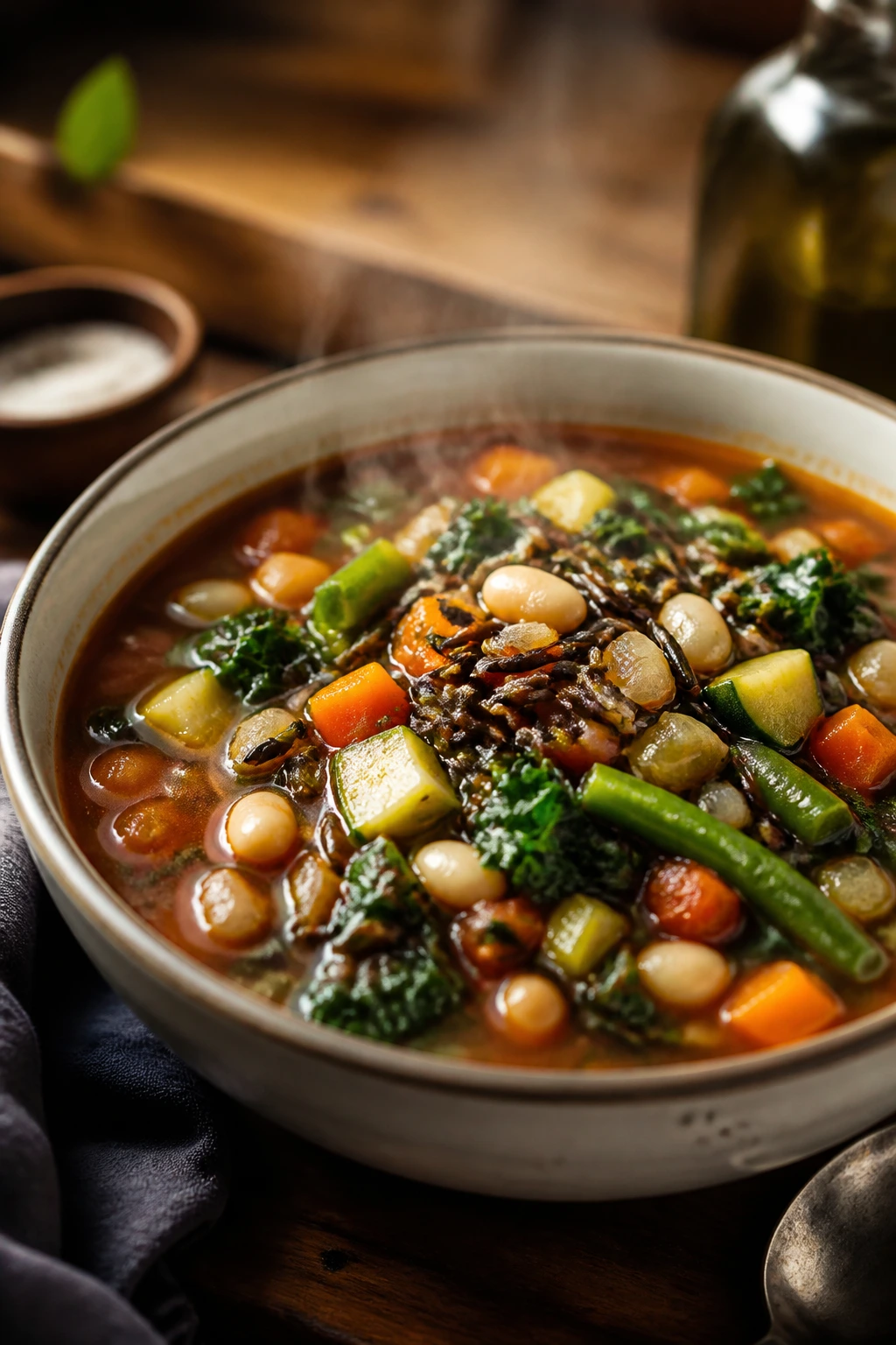 Close-up of a hearty bowl of wild rice minestrone with beans and vegetables