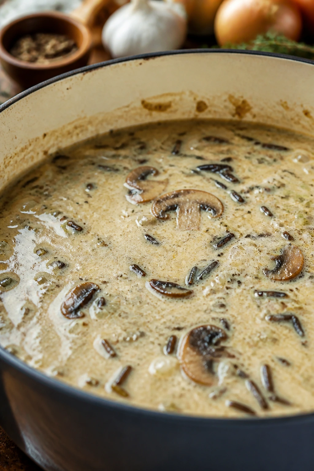 Bubbling pot of creamy wild rice soup with rice and mushrooms