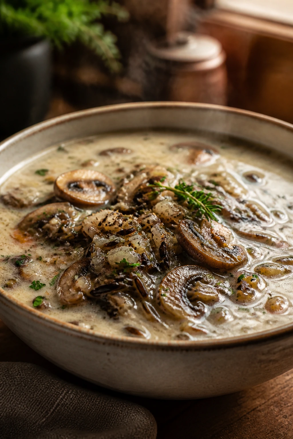 Steaming bowl of soup with wild rice and mushrooms