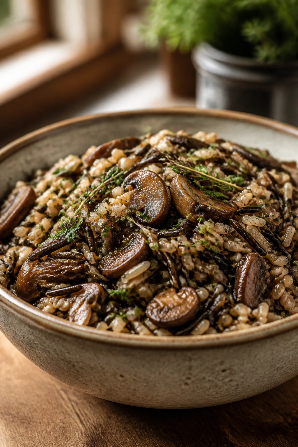 Close-up of Wild Rice and Mushroom Pilaf in a rustic bowl with mushrooms and parsley on a wooden counter