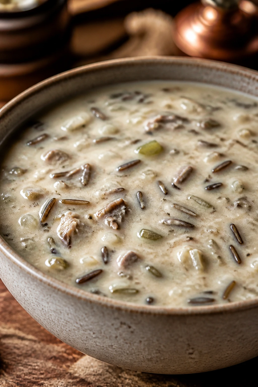Close-up of creamy wild rice soup with visible grains in a bowl