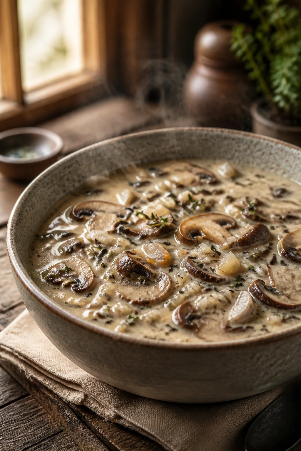 Close-up of creamy wild rice soup with mushrooms in a bowl