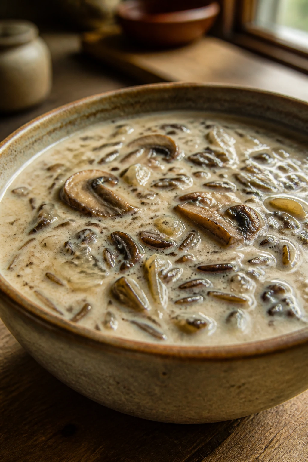 Close-up of creamy wild rice soup in a rustic bowl, mushrooms and chewy rice in warm kitchen light