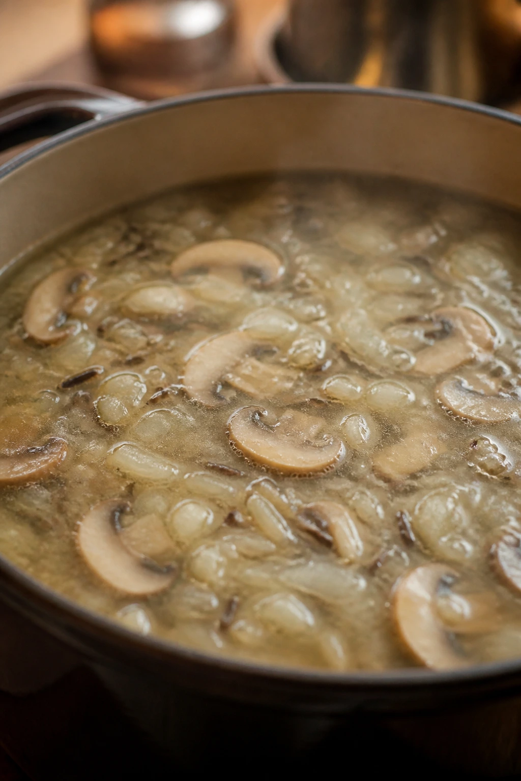 Pale onions and mushrooms in a flat, colorless soup surface inside a pot