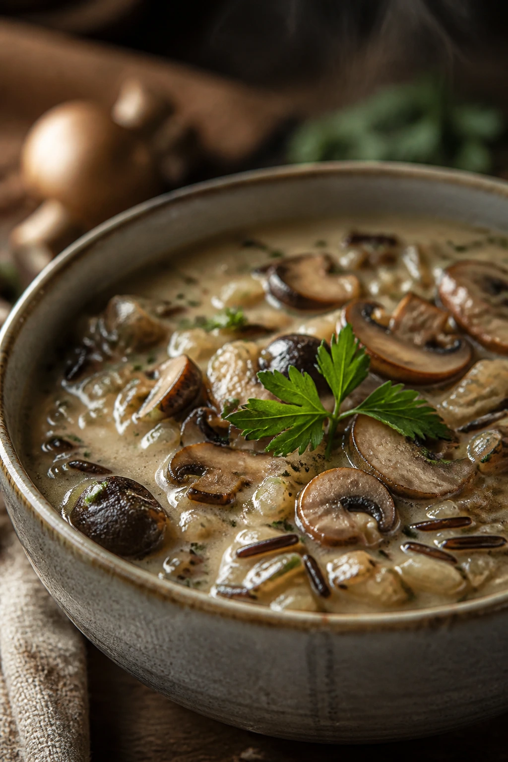 Mushroom-rich wild rice soup in a bowl with parsley garnish