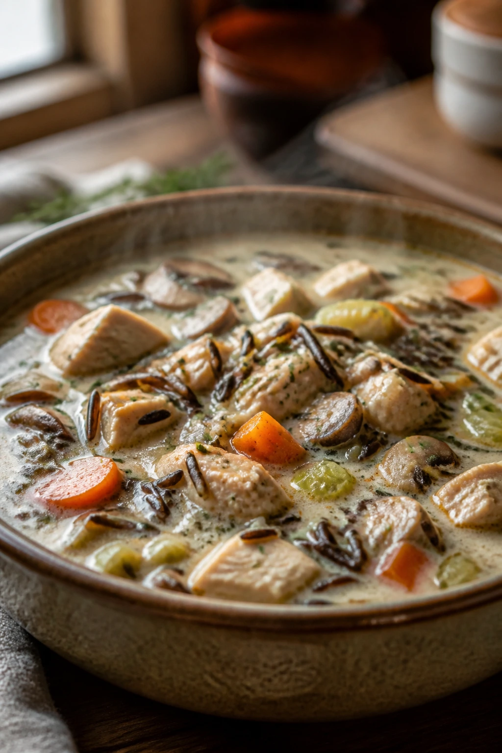Close-up of wild rice soup in a rustic bowl, creamy broth and chewy grains.