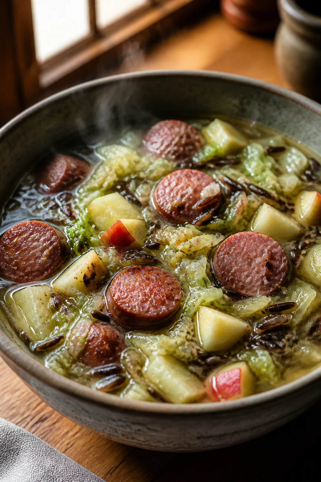 Close-up of a rustic bowl showing sausage, cabbage, and apple in wild rice soup
