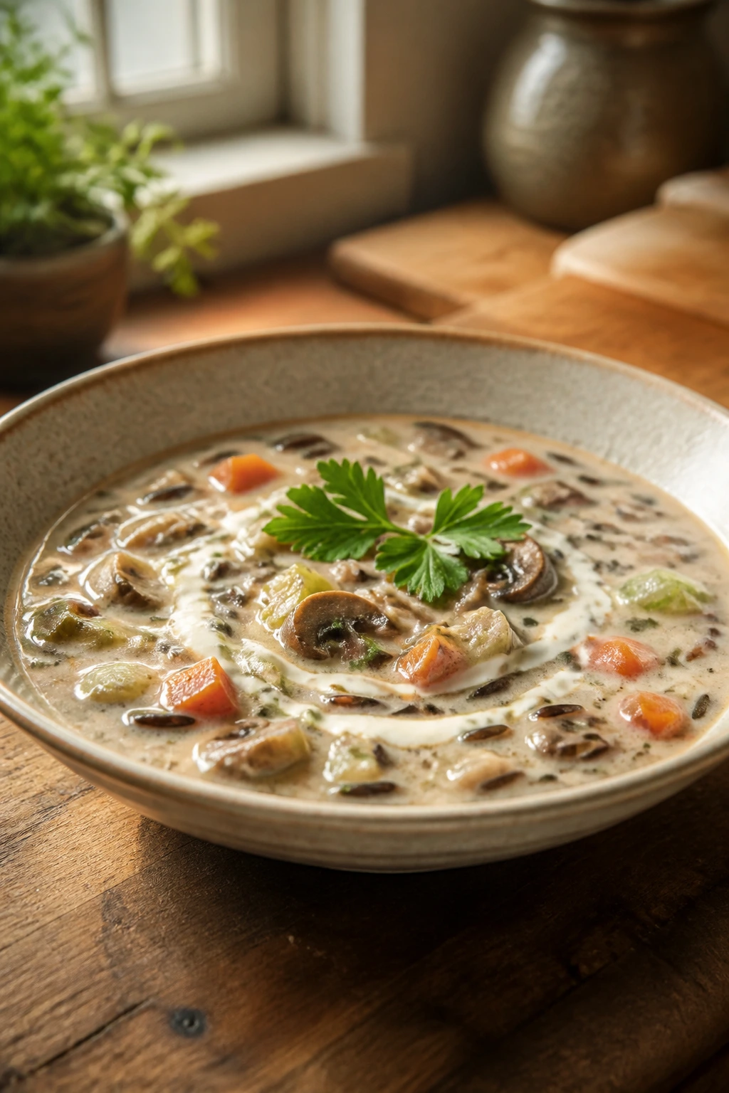 Close-up of pale wild rice soup in a shallow bowl with parsley and cream swirl in a warm kitchen