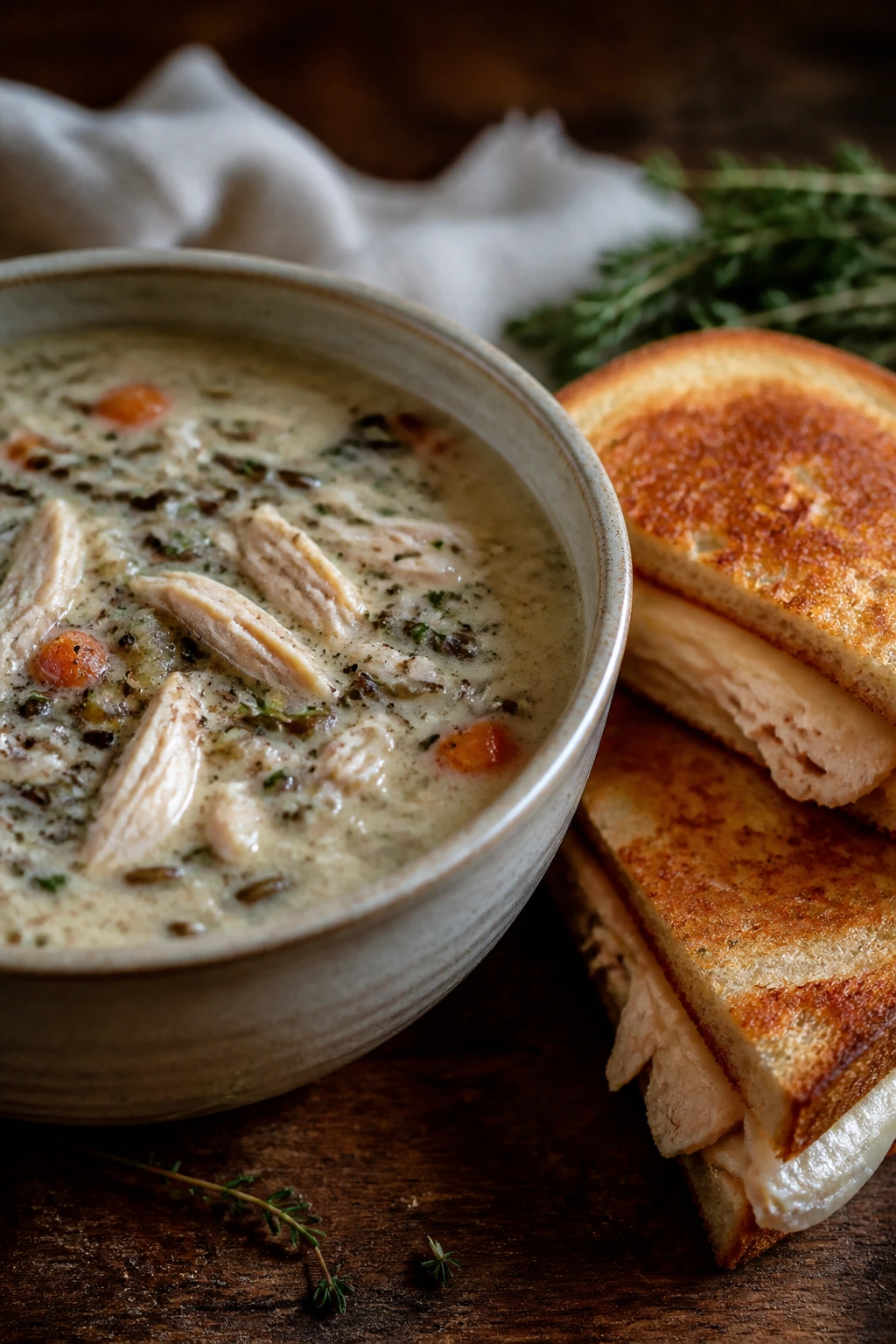 Close-up of chicken wild rice soup with turkey melt on a rustic table