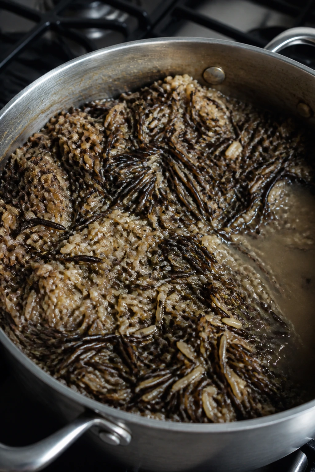 Pot of wild rice with uneven texture showing overcooked and undercooked grains