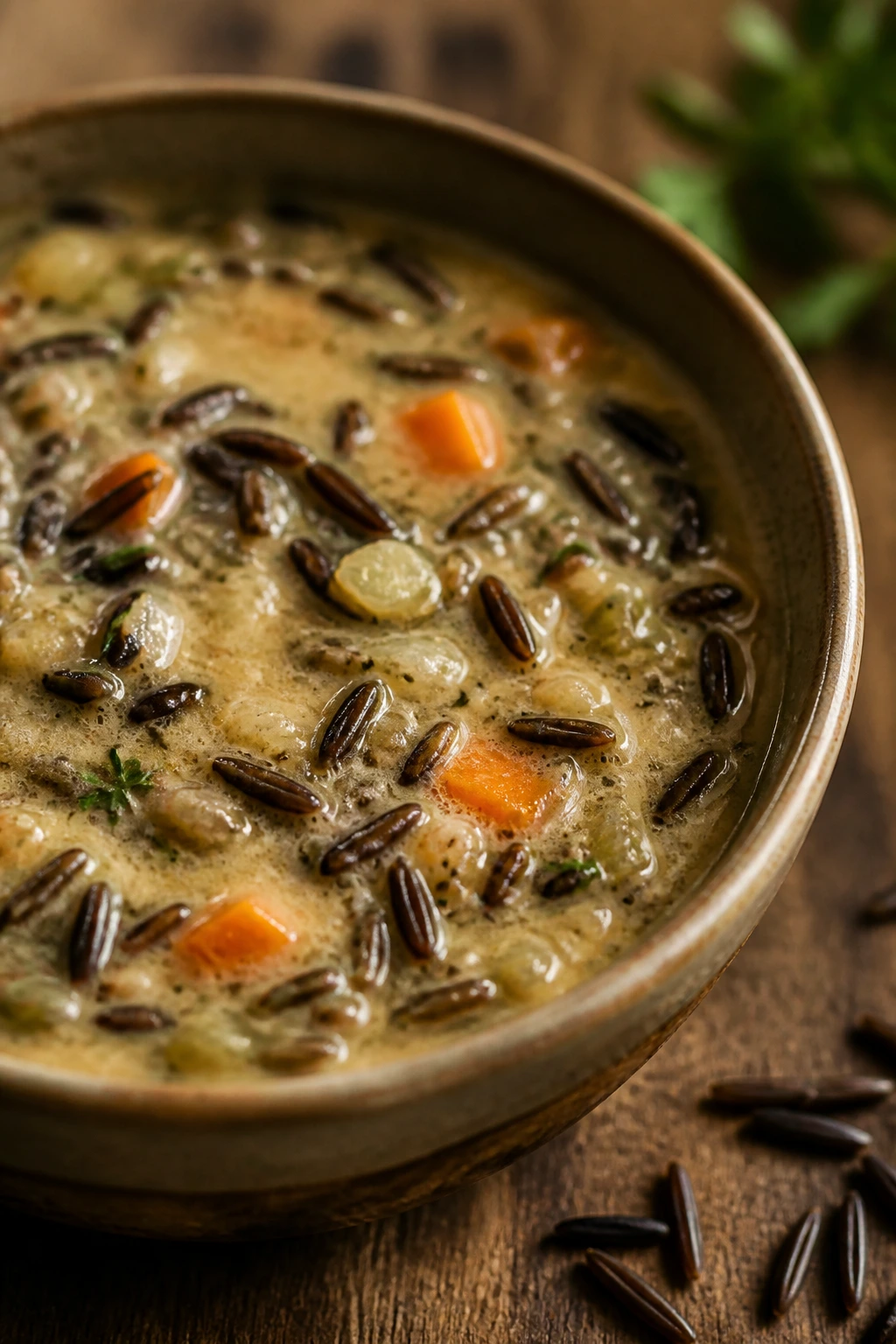 Steaming bowl of wild rice soup highlighting chewy grains